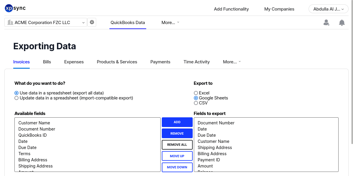 XPSync Data export